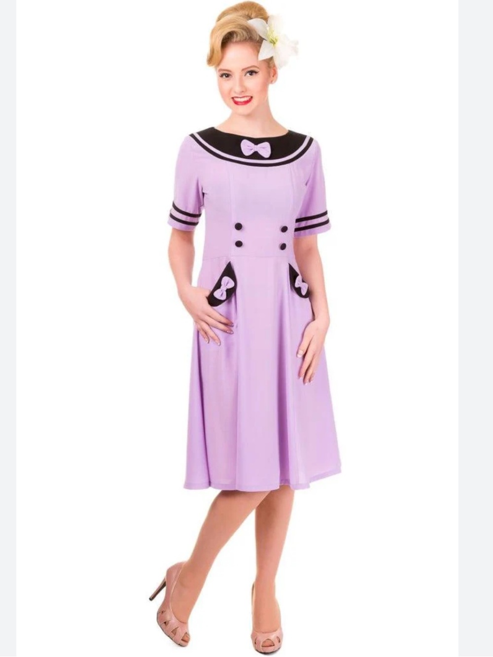 Banned Eliza Retro Pin-Up Dress Sailor collar bow lilac Boatneck Rockabilly S